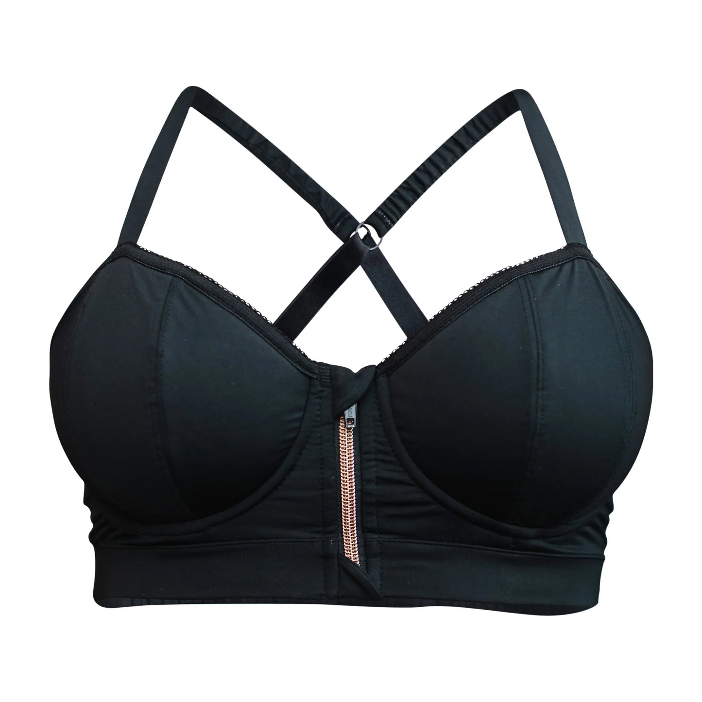 This image depicts the front view of Wildrax Balconette Sports Bra in black with a heart-shaped appearance. The bra features a front zipper closure and cups designed to accommodate those with a fuller bust.